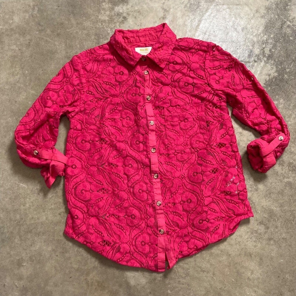 Maeve by Anthropologie Shirt Womens Size 6 Pink Rose Lace Button Down